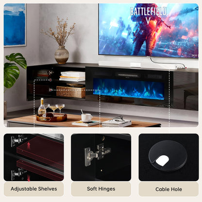 OneBlis 70'' Floating TV Stand with 36" Electric Fireplace, Wall Mounted Entertainment Center with Storage for TVs up to 80", Adjustable 12-Color LED Media TV Console for Living Room,All Black