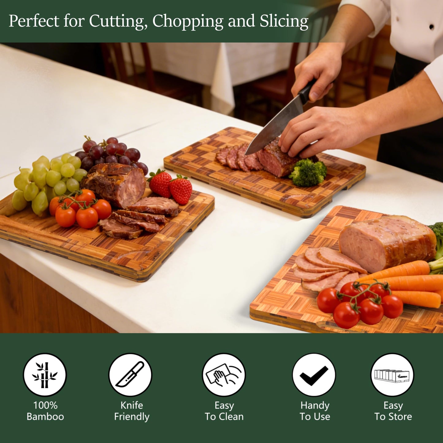 Bamboo Cutting Board Set of 3 for kitchen Checkered End Grain Chopping Boards with Storage Stand & Deeper Juice Grooves | Reversible Butcher Block for Meat, Cheese, Charcuterie & Kitchen Prep