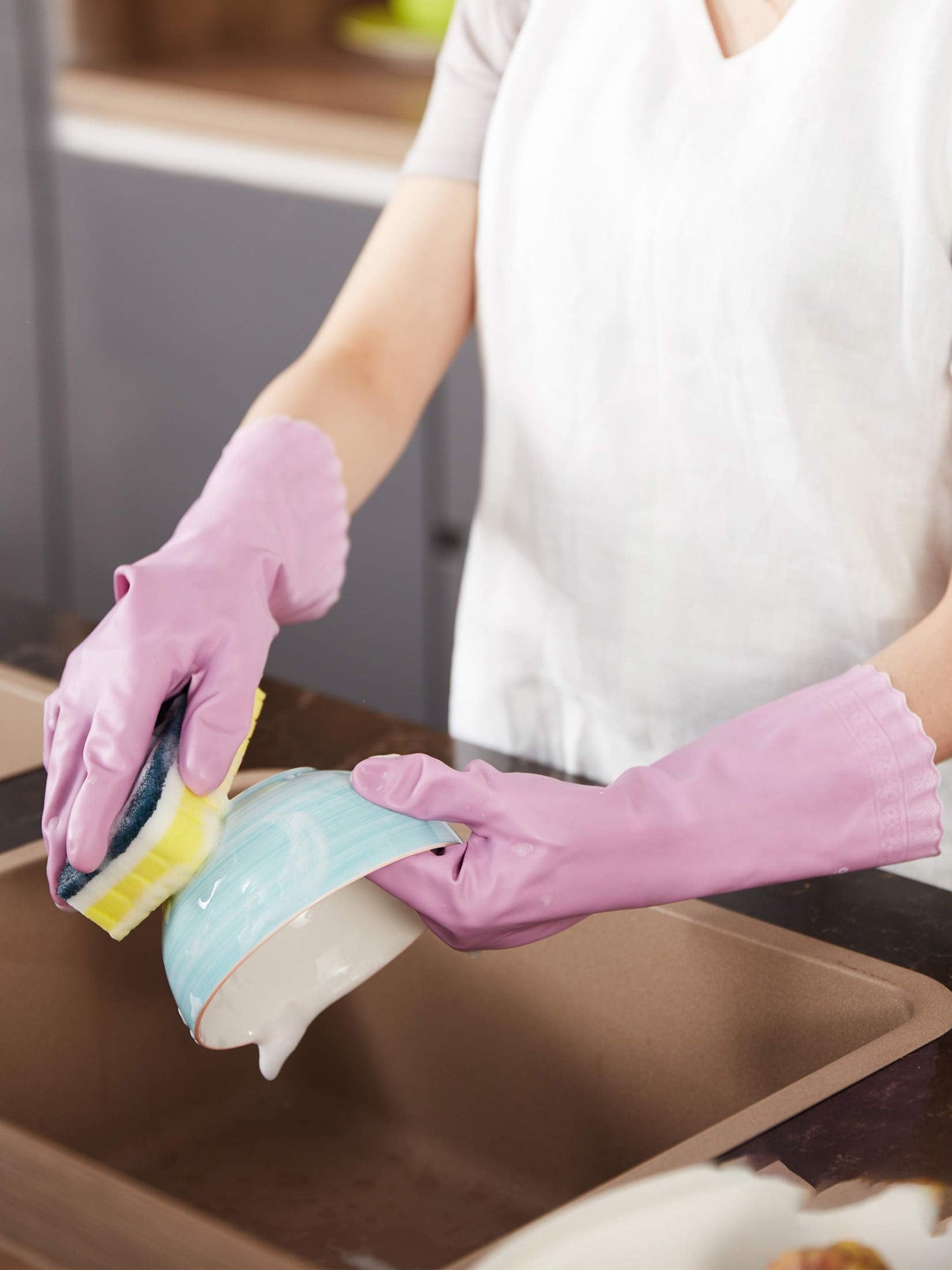 LANON wahoo Skin-Friendly Cleaning Gloves, Dishwashing Kitchen Gloves with Cotton Flocked Liner, Reusable, Non-Slip, Mauve Mist, Medium