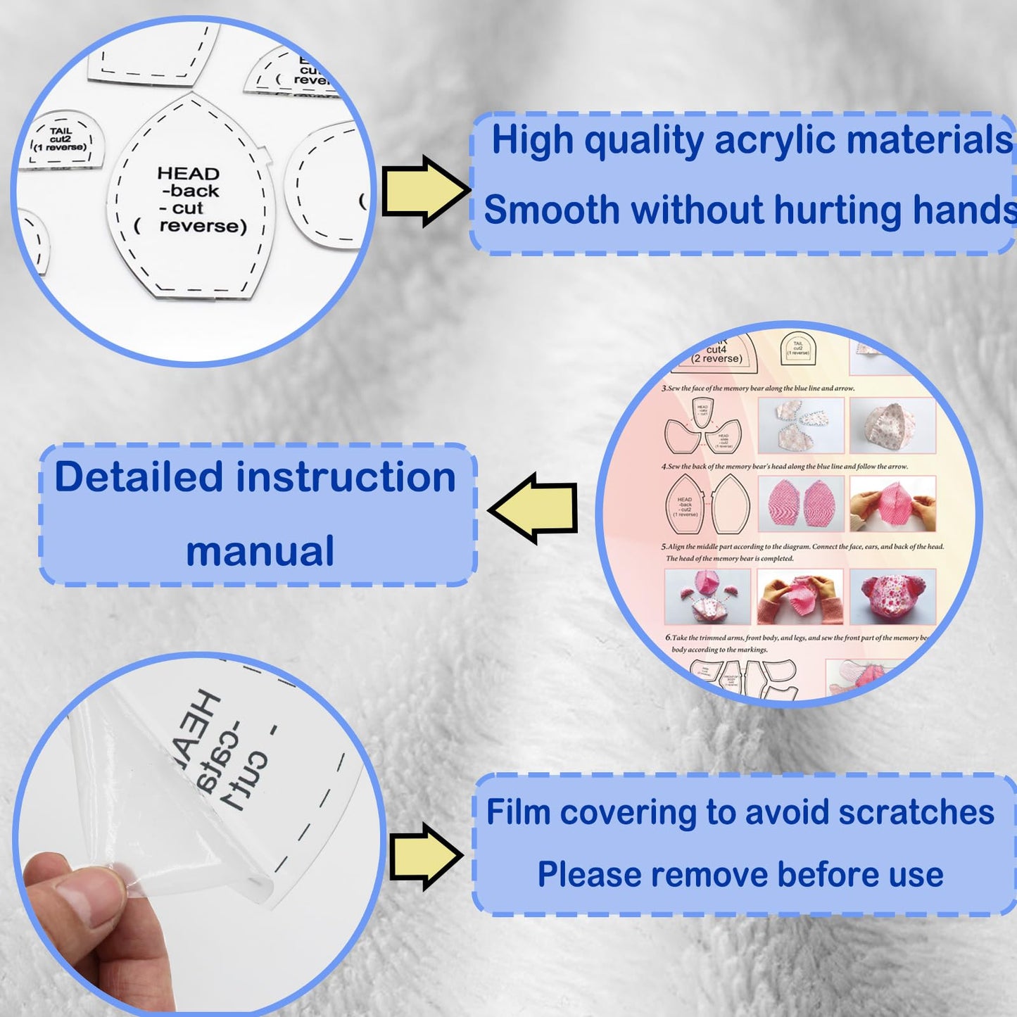 18in/Sitting Height 11in Fosdonge Acrylic Memory Bear Template Ruler Set with Detailed Instructions, Sewing Patterns for Beginners, Teddy Bear Quilting templates (Sitting Height 11in)