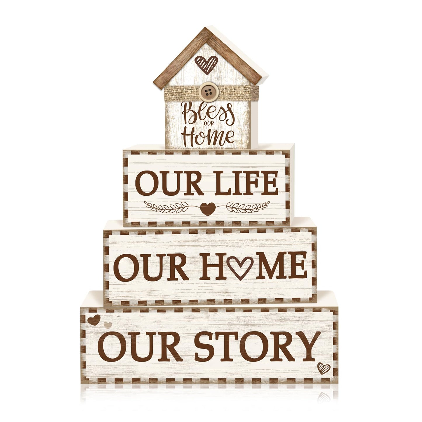 4 Pcs Rustic Farmhouse Decor Wooden Tiered Tray Decor, Rustic Family Table Decorations Our Life Story Stack Block Sign Neutral Home Tabletop Centerpieces for Kitchen Shelf Entryway Coffee Desk