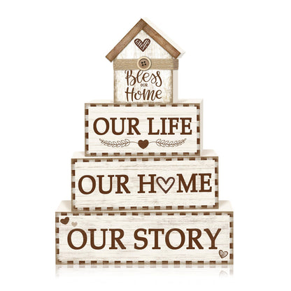 4 Pcs Rustic Farmhouse Decor Wooden Tiered Tray Decor, Rustic Family Table Decorations Our Life Story Stack Block Sign Neutral Home Tabletop Centerpieces for Kitchen Shelf Entryway Coffee Desk