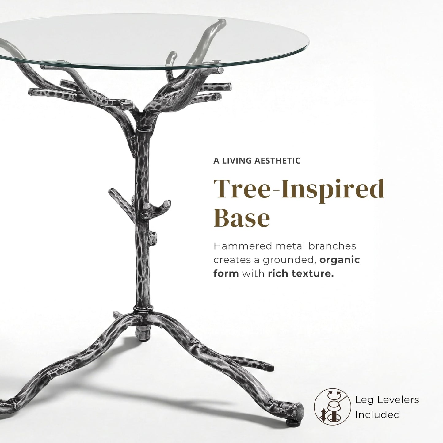 24/7 Shop at Home Lalia Modern Round End Table with Nature-Inspired Branch Base, Tempered Glass Top, Hammered Steel Frame for Living Room, Matte Grey