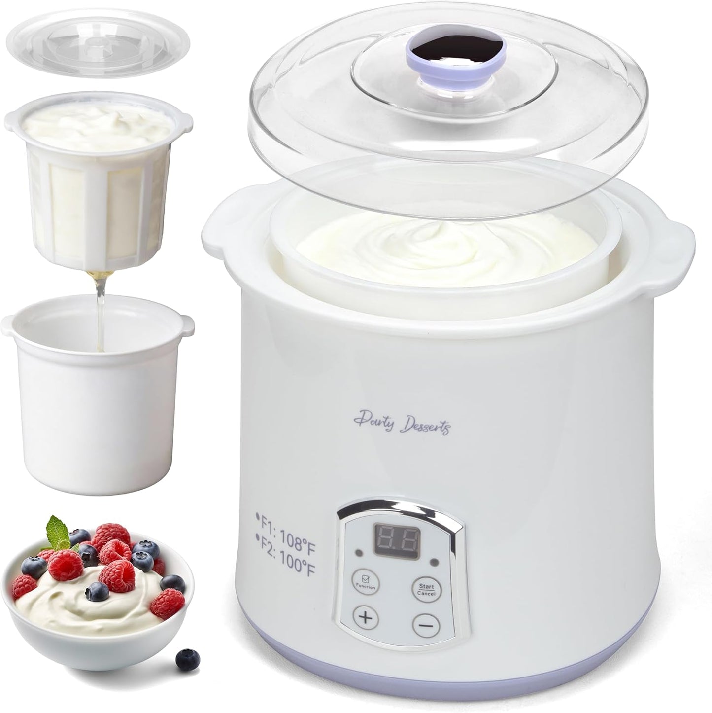 Party Desserts 2 (2 Party Dessert Electric Greek Yogurt Maker Machine with Strainer, Automatic Yogurt Maker for Home
