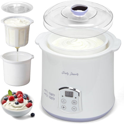 Party Desserts 2 (2 Party Dessert Electric Greek Yogurt Maker Machine with Strainer, Automatic Yogurt Maker for Home