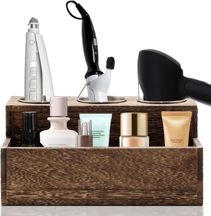 Rustic Wooden Hair Dryer Holder - Hair Tools Organizer with 3 Circular Holes and 1 Compartment for Bathroom Vanity