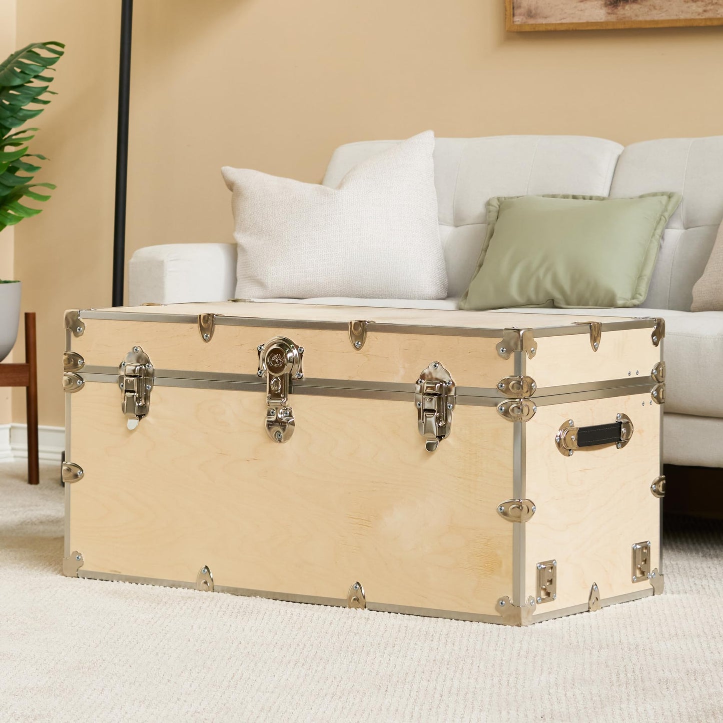 Rhino Trunk & Case Naked XL Trunk with Wheels - 34"x20"x15", 1500+ lbs Capacity, Soft-Close Lid. Strong, USA Made Summer Camp Footlocker, Secure College Dorm Chest, Natural Wood Home Storage Box