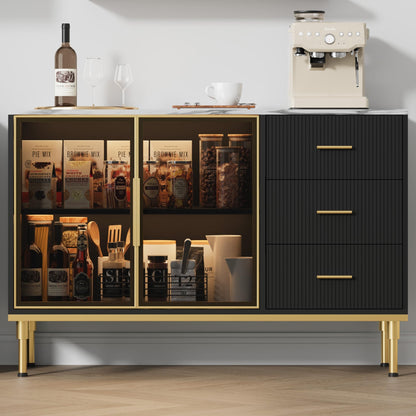 IDEALHOUSE Fluted Sideboard Cabinet, 46.4" Modern Sideboard Buffet Cabinet with 3 Drawers, 2 Glass Doors, Faux Marble Tabletop, Adjustable Shelves for Kitchen, Dining Room, Black