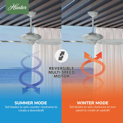 Hunter 52 inch Outdoor or Indoor Ceiling Fan No Light - White Ceiling Fan without Light, For Patio, Porch, Garage, or Living Room, Standard Mount, 5 Blades, Pull Chain - Sea Air 53054, White
