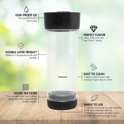 Primula Press and Go Iced Tea Maker - Travel Tumbler, Infuser Bottle, 16-Ounce, Black, Dishwasher Safe