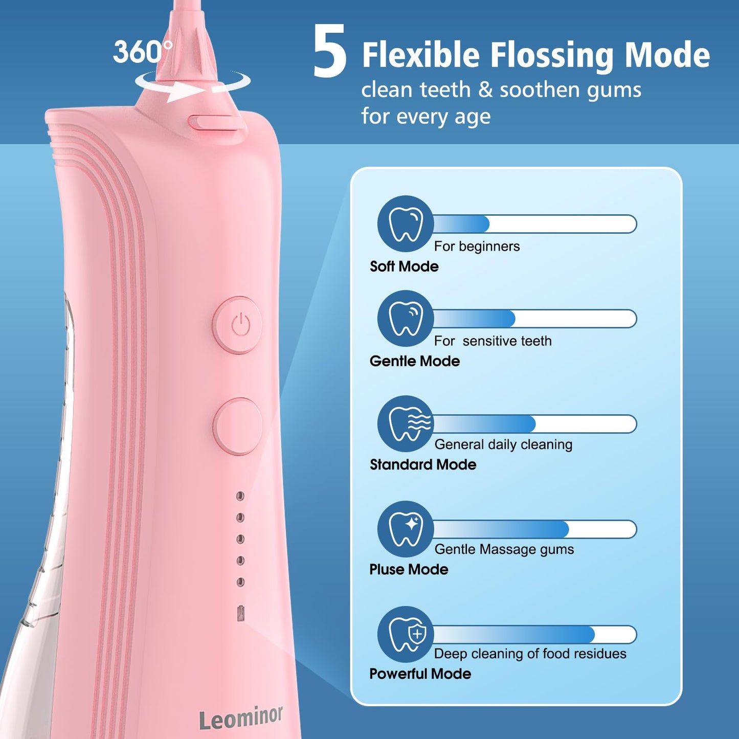Leominor Water Dental Flosser - 5 Modes Cordless Portable Oral Irrigator, IPX7 Waterproof, Rechargeable Teeth Cleaner Upgrade Datchable Tank Professional Flossing Cleaning Pick for Home Travel (Black)