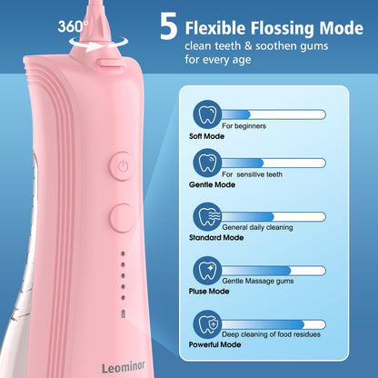 Leominor Water Dental Flosser - 5 Modes Cordless Portable Oral Irrigator, IPX7 Waterproof, Rechargeable Teeth Cleaner Upgrade Datchable Tank Professional Flossing Cleaning Pick for Home Travel (Black)