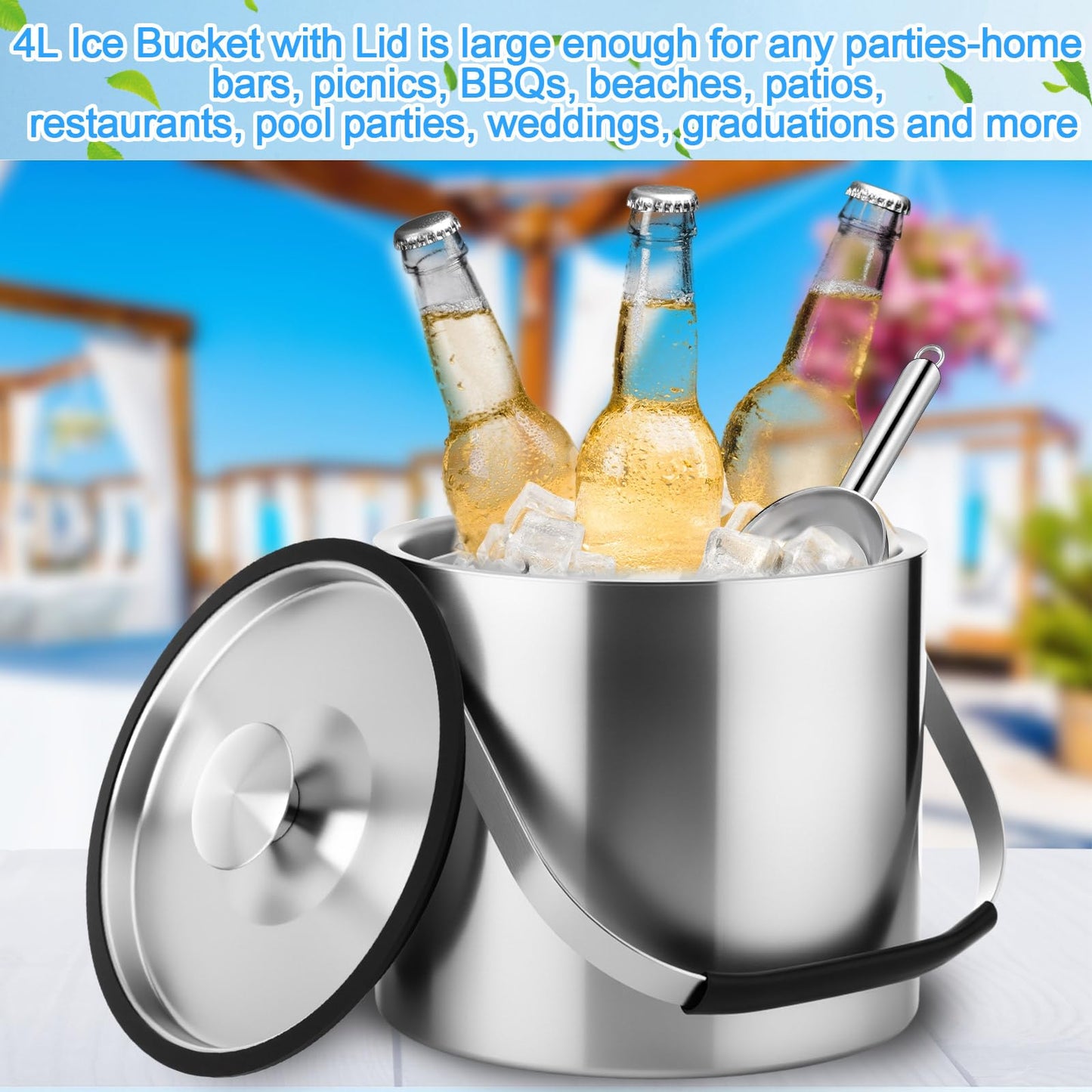 meekoo 4 L Double Wall Insulated Ice Bucket with Lid, Scoop, Strainer, Handle Large Stainless Steel Wine Ice Bucket Upgraded Cover Keep Frozen Longer for Cocktail Bar Parties(Silver)
