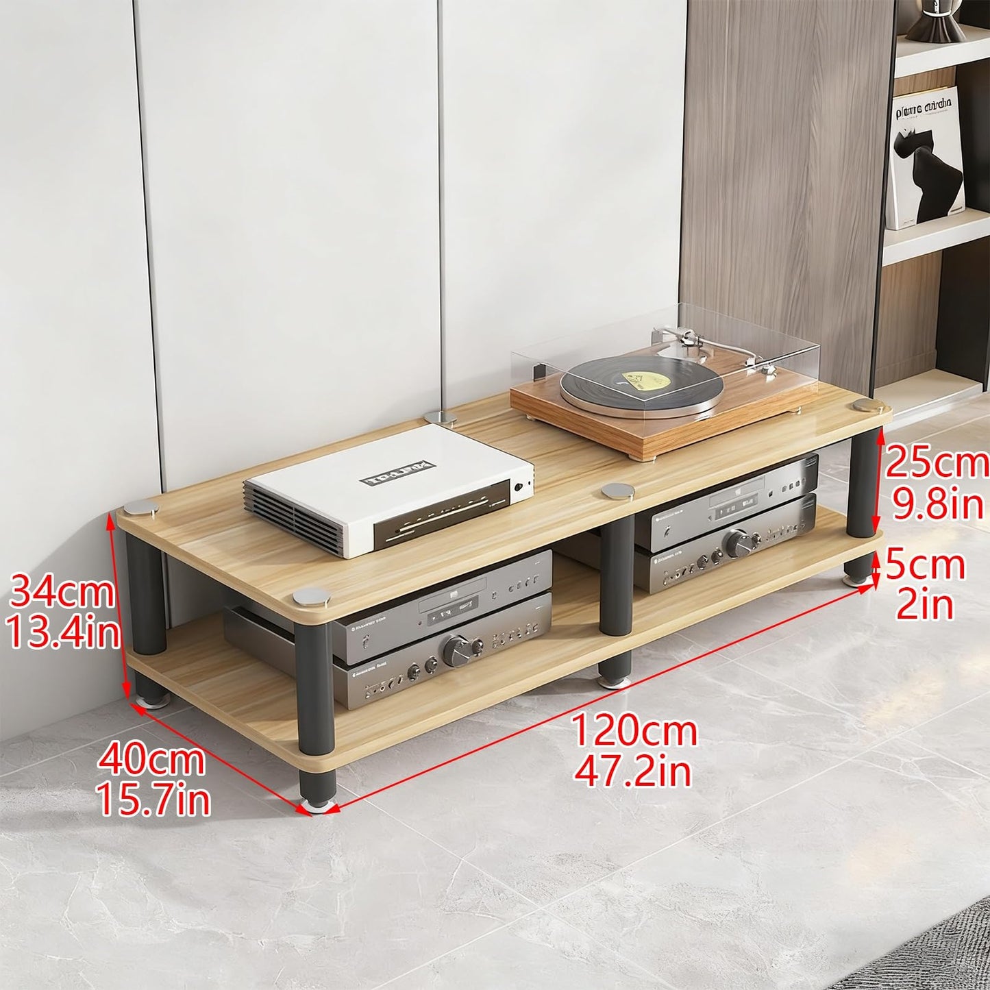 THNSAWX AV Media Stand, Stereo Rack with Thickened Board, Multi-Tier Open Storage Stereo Cabinet, Audio-Video Rack with Metal Tube, Record Player Stand for Theater(White,2 Tier 120x40x34cm)
