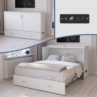 AFI Hamilton Queen Murphy Bed Chest with Mattress, Storage, and Built-in Charger in White