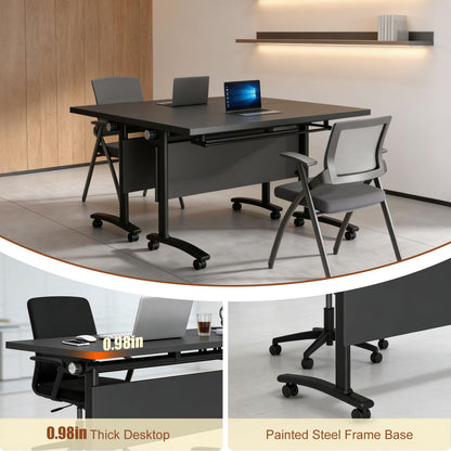 CUAOCEZ 8-Pack Modular Folding Conference Table with Wheels, 61" Flip Top Mobile Training Table, Heavy-Duty 550 lbs Capacity, Space-Saving Vertical Fold for Office Classroom & Seminar, Black