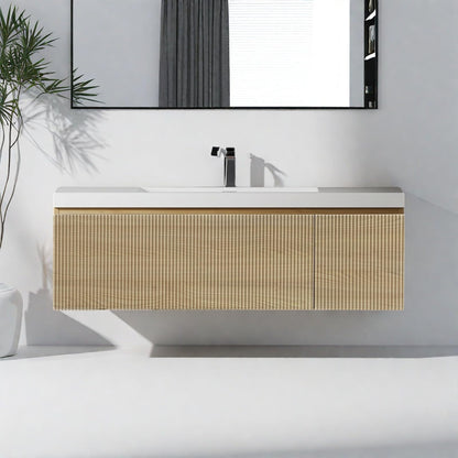 Trygoal Wall Mounted Bathroom Sink Vanity, Modern 48" Floating Vanity with Resin Basin, U-Shaped Soft-Close Storage Drawer & Side Door, Striped Bathroom Storage Cabinet with Invisible Handle, Wood