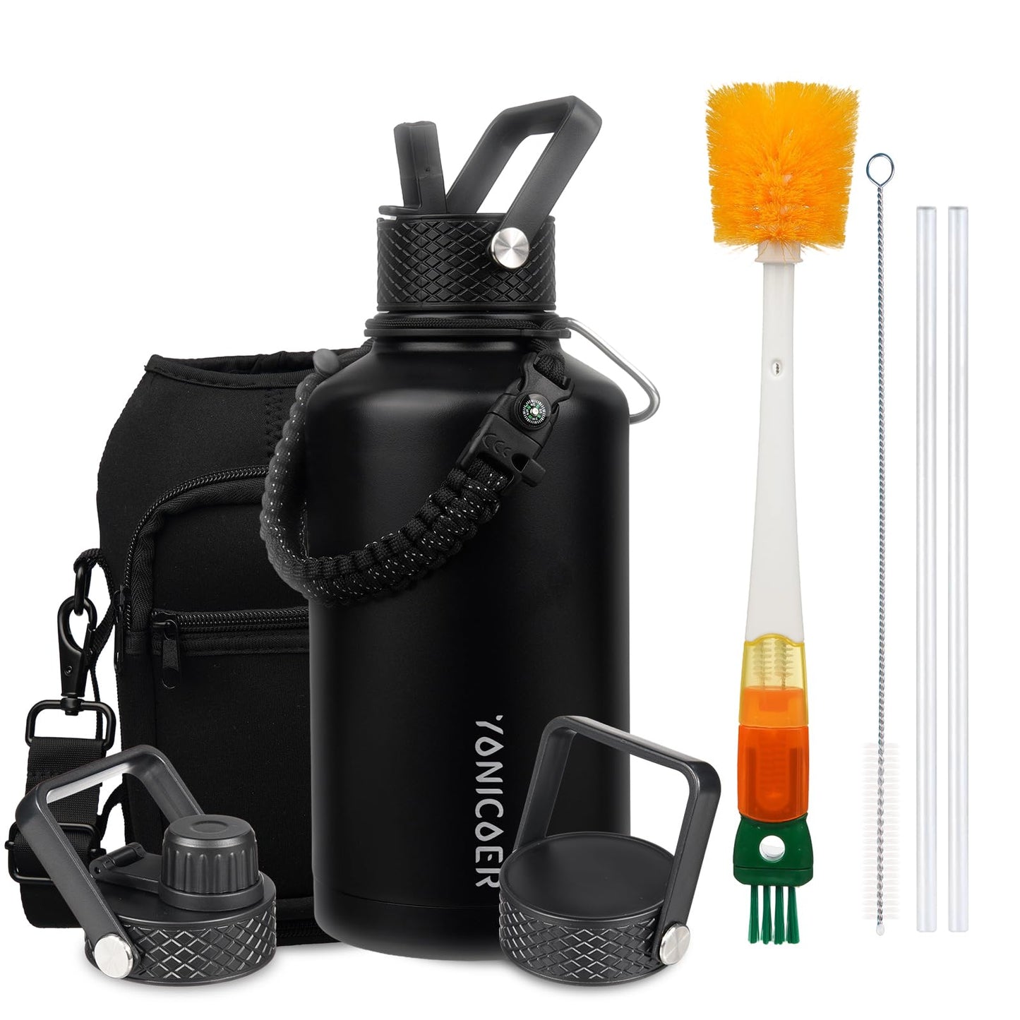 YONICOER Insulated Water Bottle 64oz,Triple Wall Vacuum Stainless Steel(Dishwasher Safe),Leak Proof & Non-BPA,Flask Jug with Paracord Handle & Straw Spout Lids Sports Black