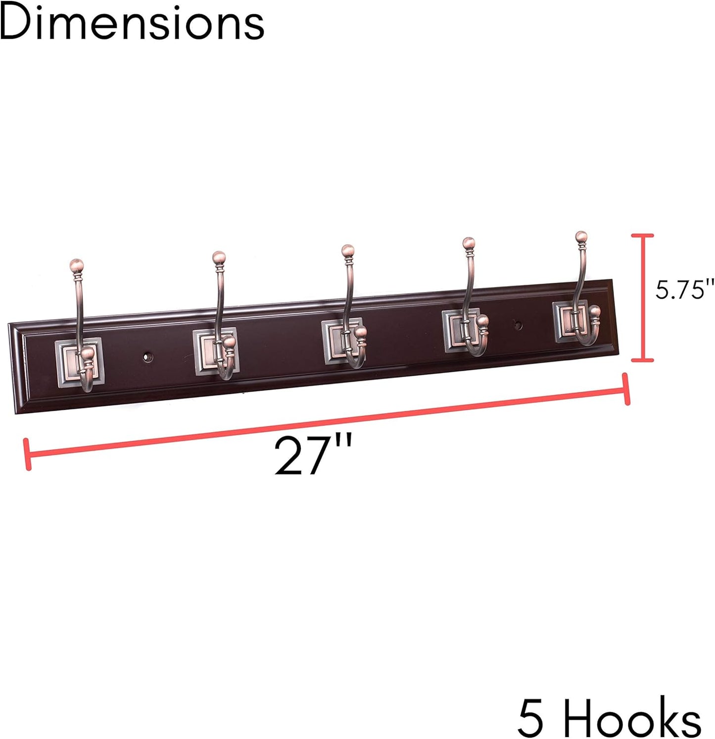 BIRDROCK HOME Classic Hook Coat and Hat Rack, 5 Hooks, Wall Mount, Brown Finish