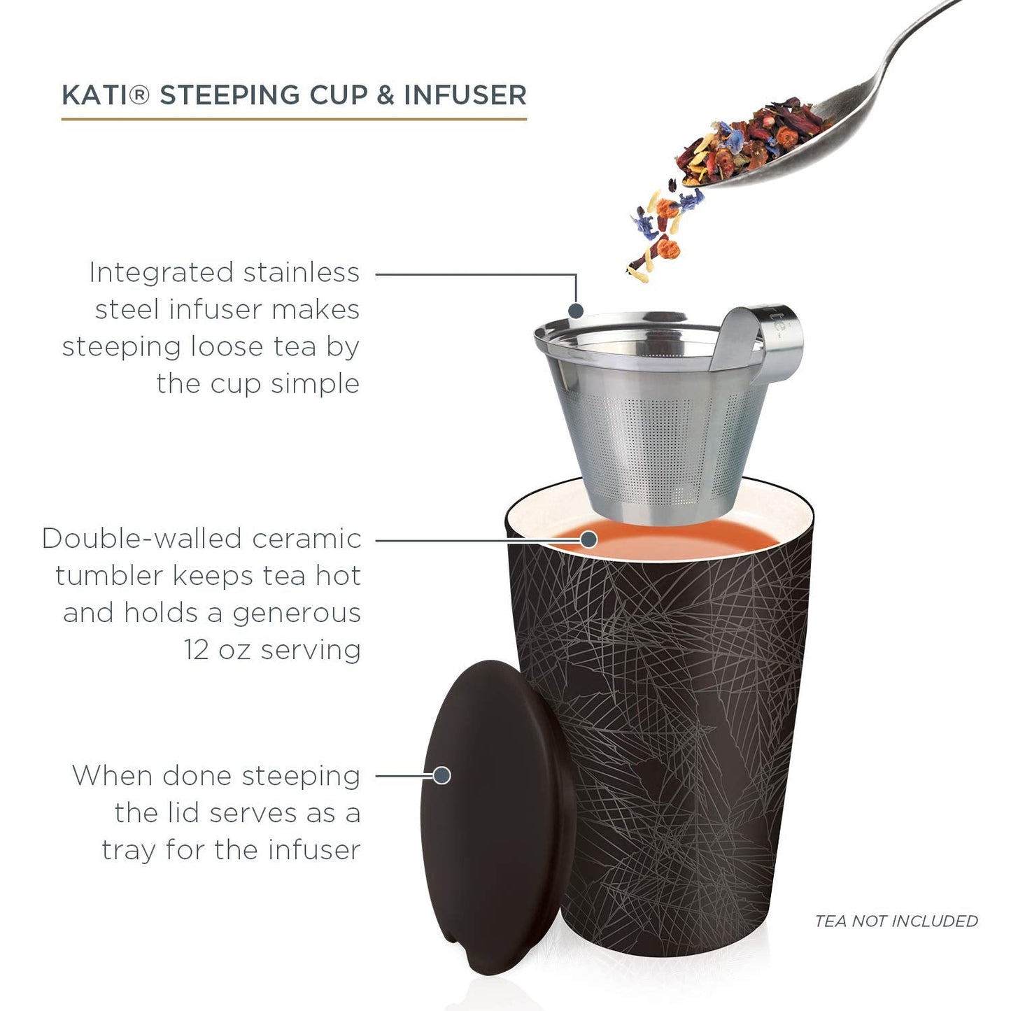 Tea Forte Double-Walled Ceramic Kati Cup, Removable Stainless Steel Infuser Basket and Lid, Steeps 12 oz Loose Leaf Tea, Dishwasher & Microwave Safe, Gifts for Mom, Noir