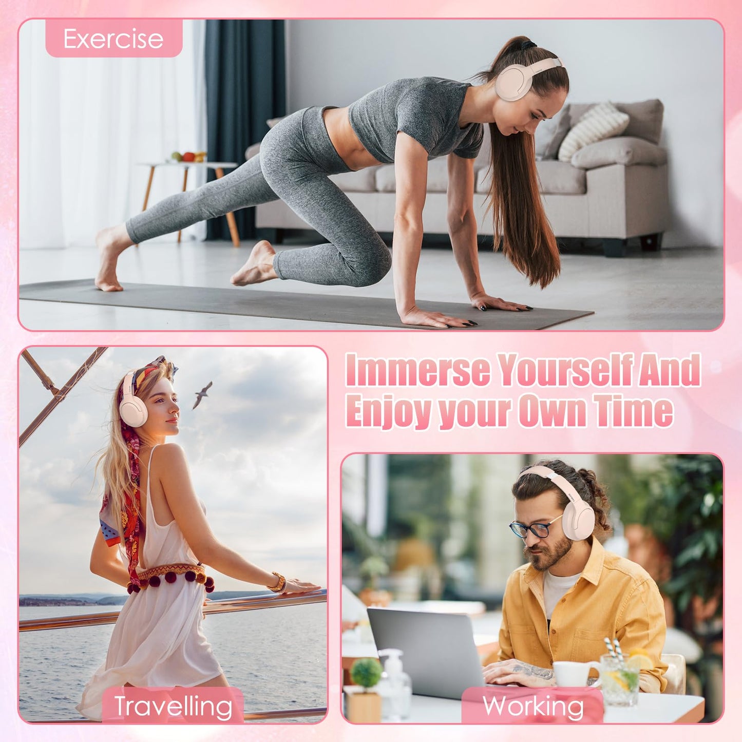 TANKASE Active Noise Cancelling Headphones, Wireless Over Ear Bluetooth Headphones,100H Play Time Bluetooth Headphone with Microphone,Lightweight and Foldable Comfortable Deep Bass for Work/Gym Pink