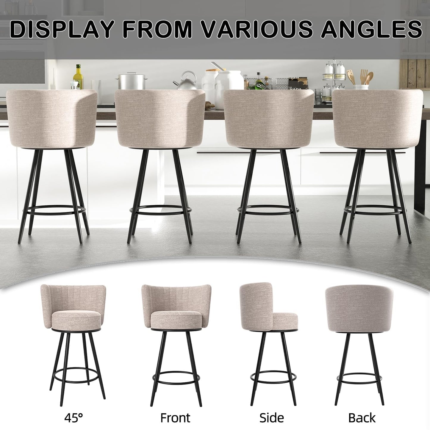 HONIFUR Bar Stools Set of 4, 27" Tufted Modern Counter Height Bar Stools, Upholstered Barstools with Back & Footrest Metal Legs, Stools for Kitchen Island, Counter, Cafes, Dining Room (Beige)