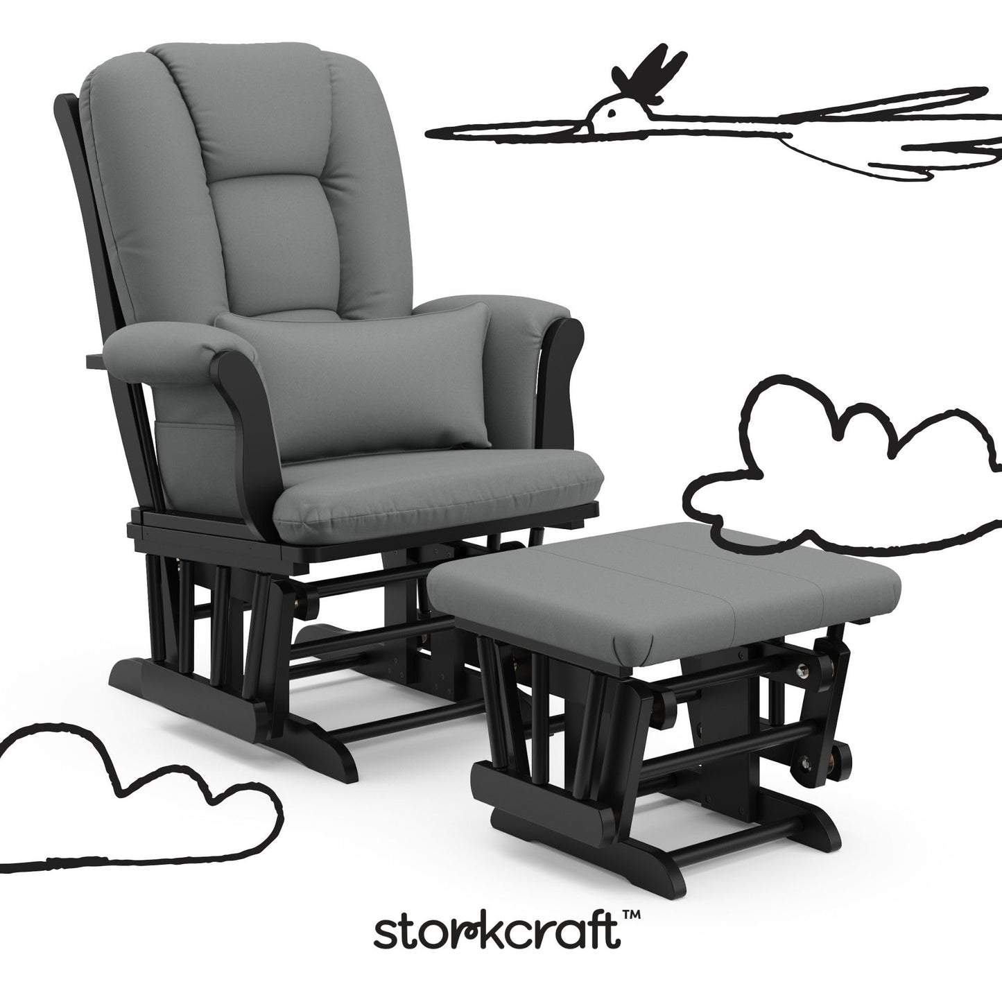 Storkcraft Tuscany Glider with Ottoman (Black/Gray) — GREENGUARD Gold Certified, Bonus Lumbar Cushion Included, Solid Wood Base, Smooth Motion, Award-Winning Nursery Rocking Chair, Glider and Ottoman