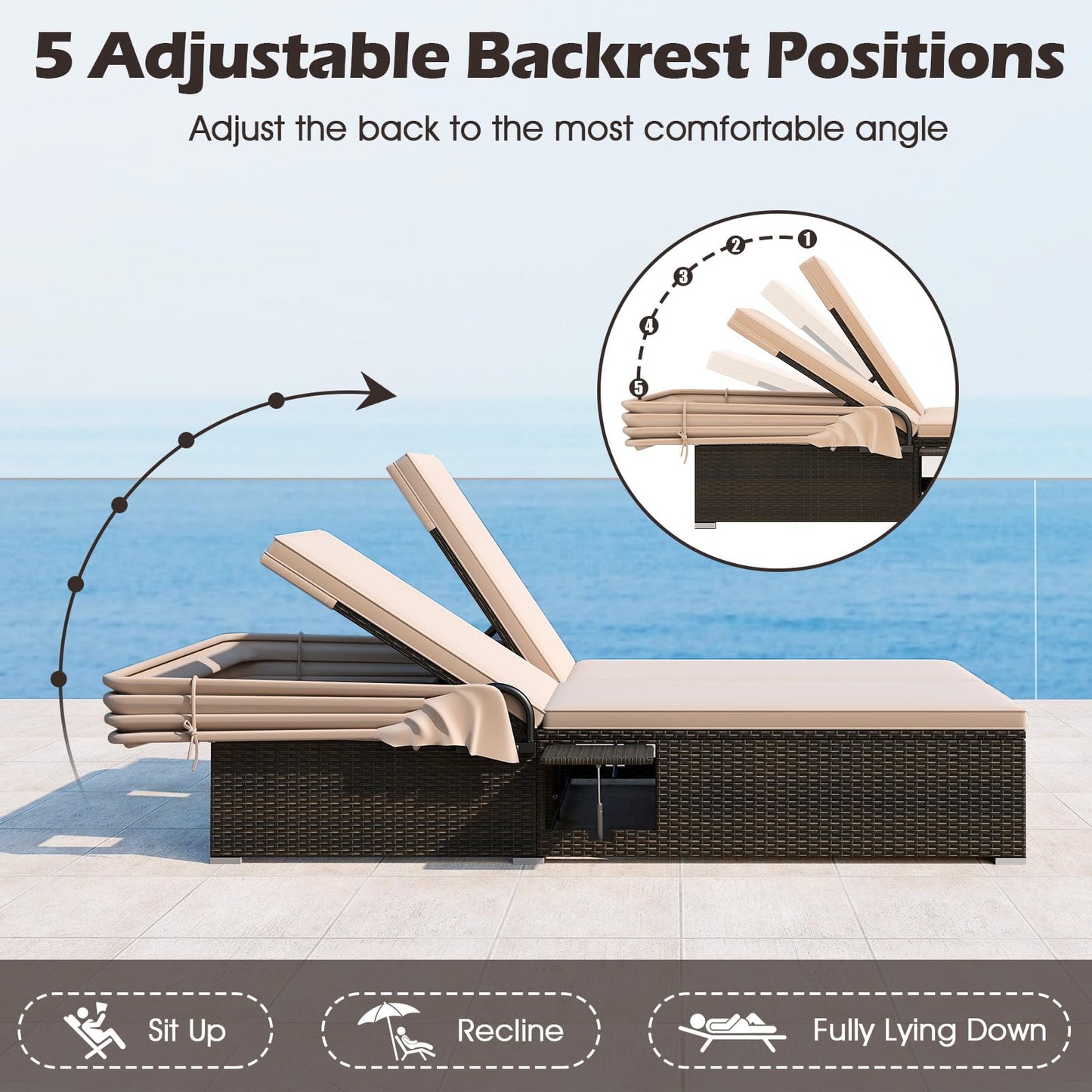 HAPPYGRILL Outdoor Rattan Daybed with Retractable Canopy, 2-Person Lounge Bed with 5-Position Adjustable Backrest, Foldable Side Shelves, Patio Double Sunbed Conversation for Yard Porch