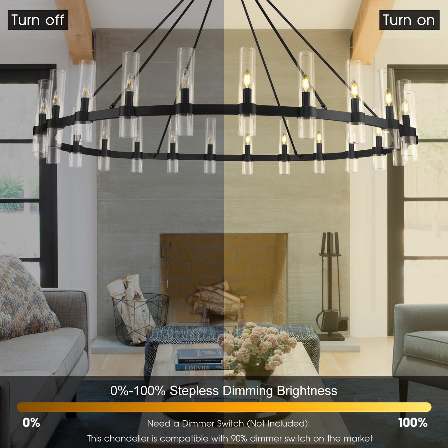 Black Wagon Wheel Chandelier 70 Inch, Large Chandeliers for High Ceilings, 24-Light Chandelier with Glass Shade, Modern Farmhouse Chandeliers for Living Room, Dining Room and Foyer(24 Bulbs Included)