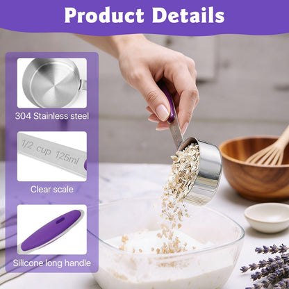 10 Pcs 1/2 Measuring Cup, 4 Oz Stainless Steel Scoop with Silicone Handle, Metal Mini Measuring Scoops Kitchen Gadgets for Cooking Baking,Coffee Bean Pet Food,Ingredients,Purple