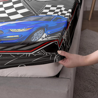 Set 3PCS,1 2 AILONEN Blue Racing Car Fitted Sheet Twin Size, Speed Sports Car Bed Sheet for Kids Boys Teens,Extreme