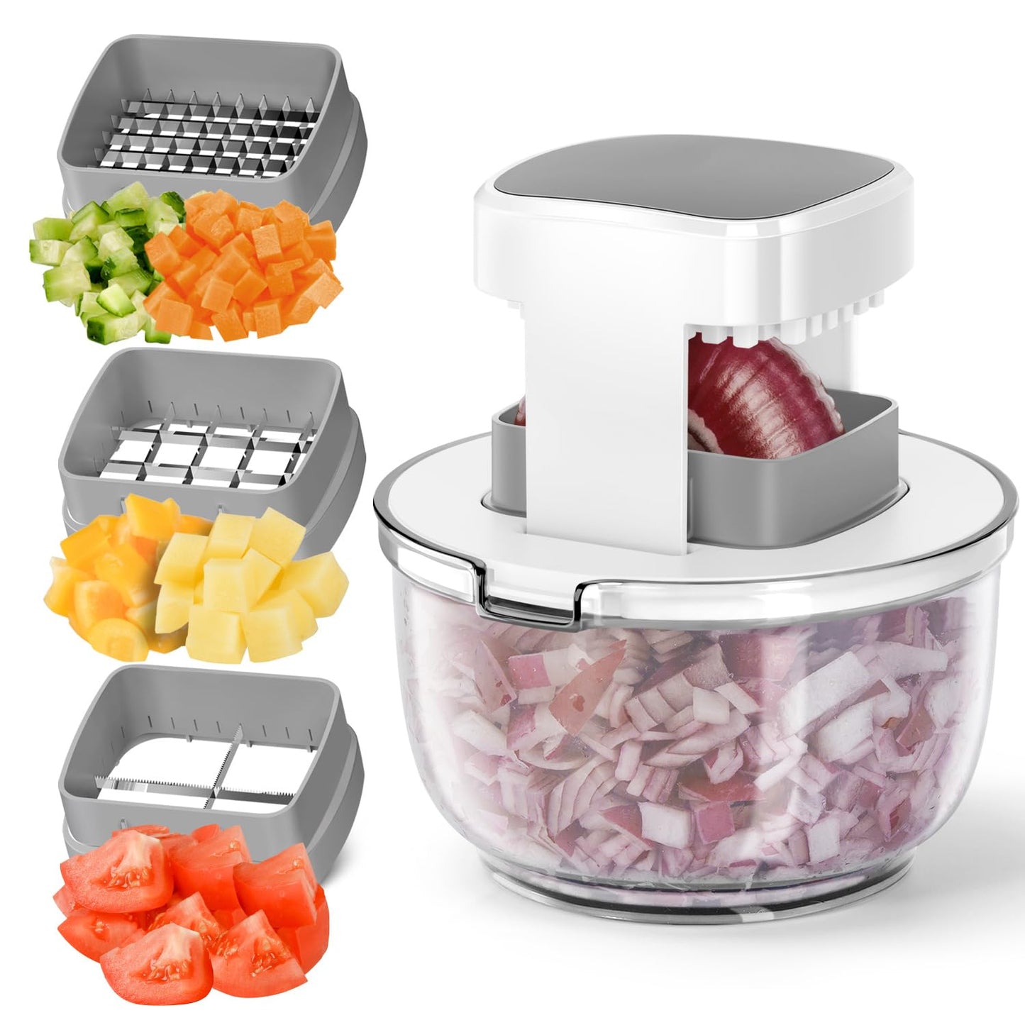 Vegetable Chopper Bowel Multi-functional 3 Interchangeable Blades Onion Chopper French Fry Cutter Veggie Dicer for Cucumber, Tomato, Zucchini, Carrot, Citrus