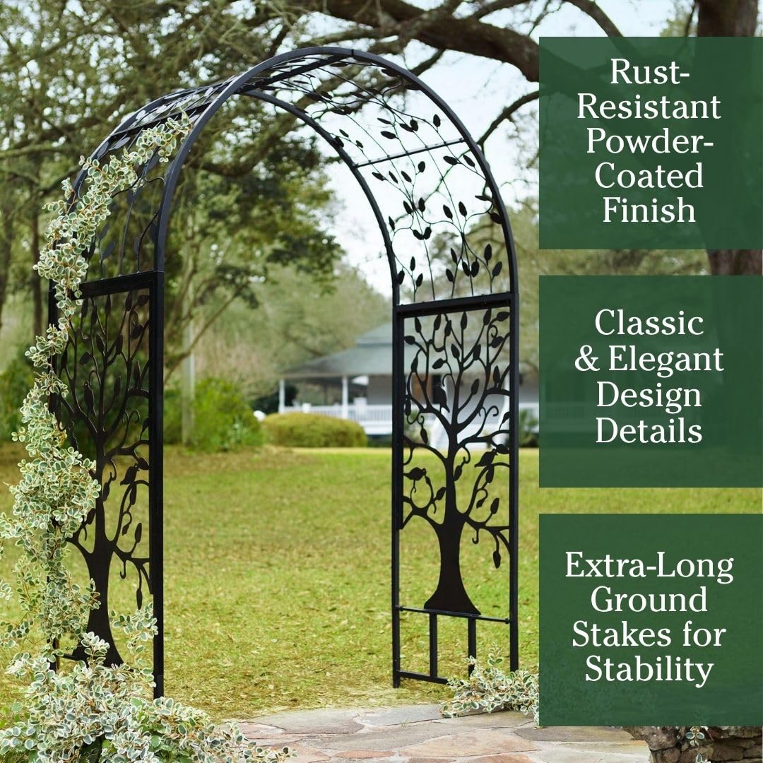 Plow & Hearth Arch Metal Outdoor Garden Arbor | Tree of Life | 83 Inches Tall | Black | Steel Trellis Lattice for Plants & Heavy Vines | Wedding | Outdoor Patio Décor