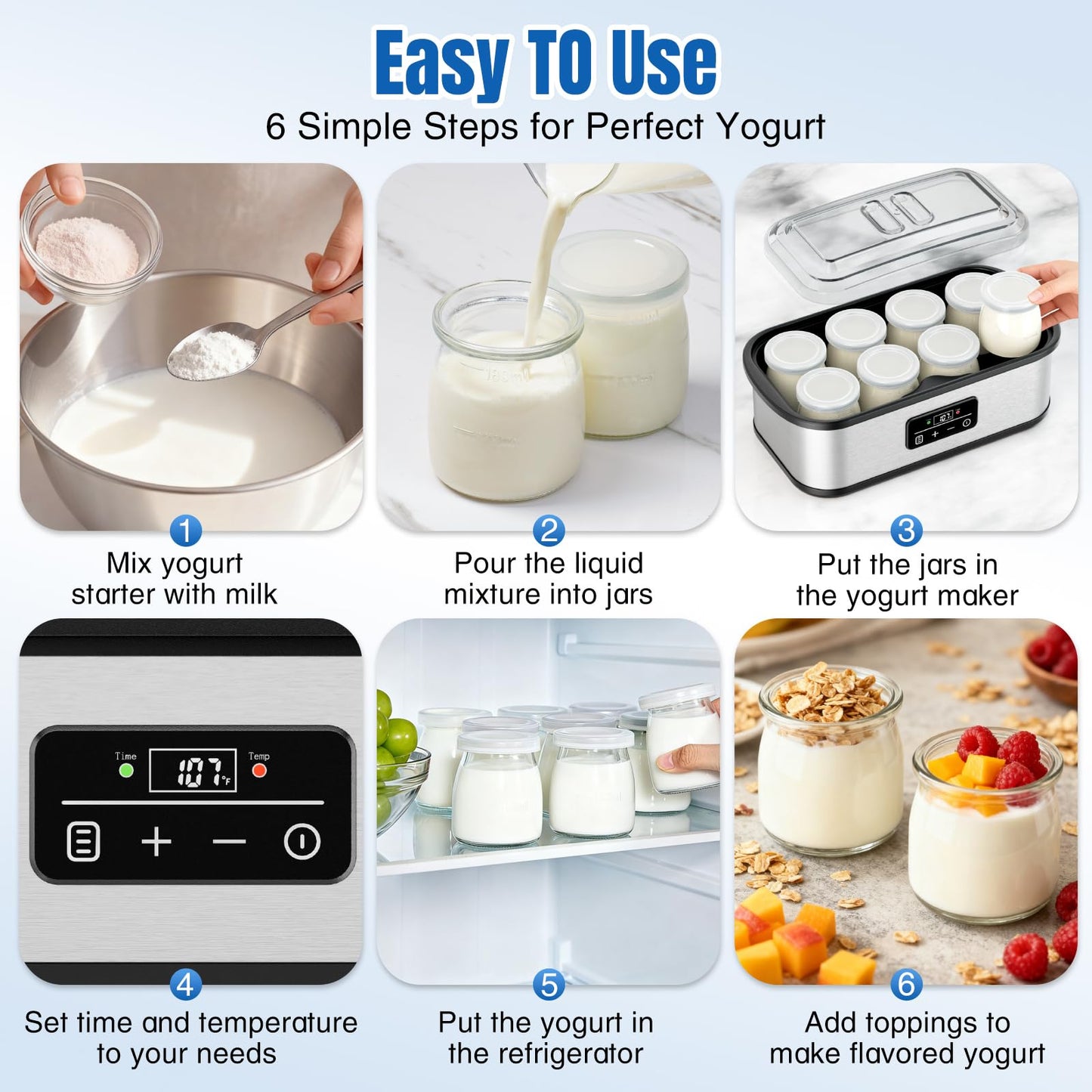 Yogurt Maker with 8 Glass Jars, Yogurt Maker Machine with Adjustable 1-48H Time & Temp Control, Make Healthy Yogurt with Full Probiotics