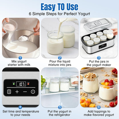 Yogurt Maker with 8 Glass Jars, Yogurt Maker Machine with Adjustable 1-48H Time & Temp Control, Make Healthy Yogurt with Full Probiotics