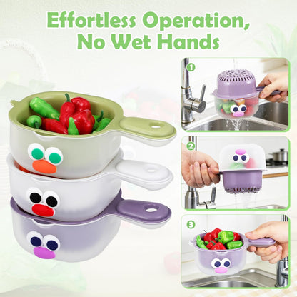 PRETYZOOM 3-Pack Fruit Washing Bowls with Drain Basket and Handle Stackable Kitchen Colanders for Efficient Fruit and Vegetable Washing and Draining 7.87X4.72X2.75 Inch