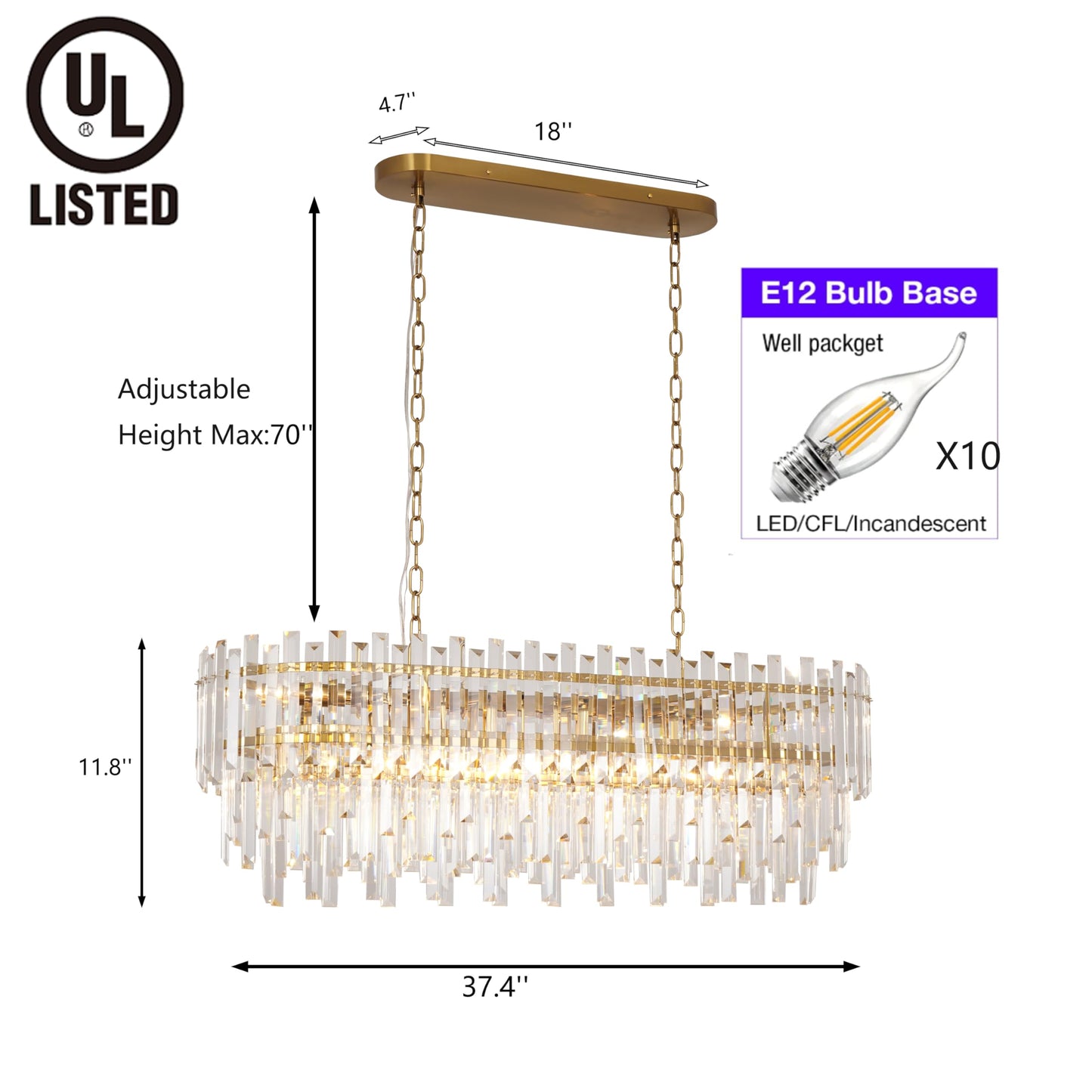 Lt-vt Modern Rectangular Crystal Chandelier Gold Finish Linear Pendant 10-Light Fixture for Dining Room Living Room Ceiling Lamp Contemporary Home Decor L37.4''