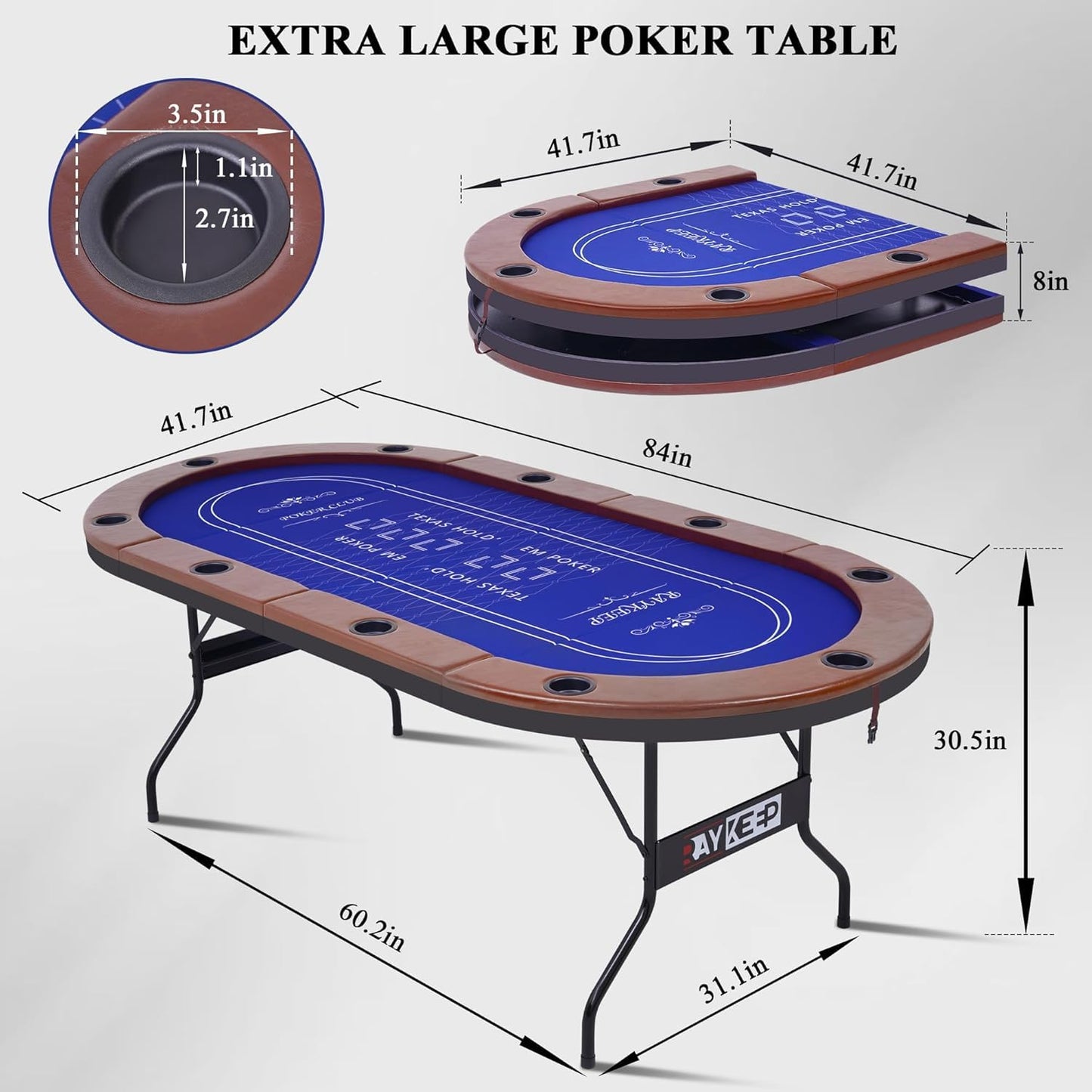 RAYKEEP Foldable Poker Table for 10 Players, 84" Folding Blackjack Texas Holdem Table, Portable Casino Leisure Card Board Game Table with Cup Holders and Padded Rails for Game Room (Brown)