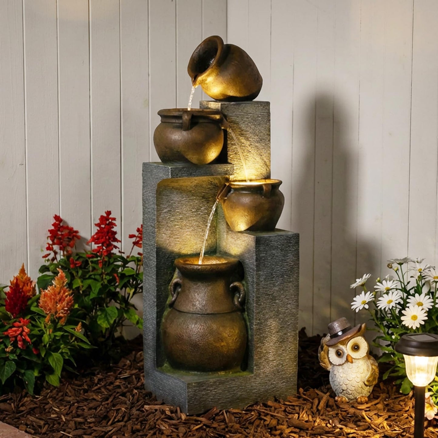 Bumilgar 53" H Large Outdoor Water Fountain with Lights - 4 Tiered Cascading Bowls Waterfall Fountain for Garden, Patio, Backyard, Porch Inside - Freestanding Outdoor Water Feature Gold