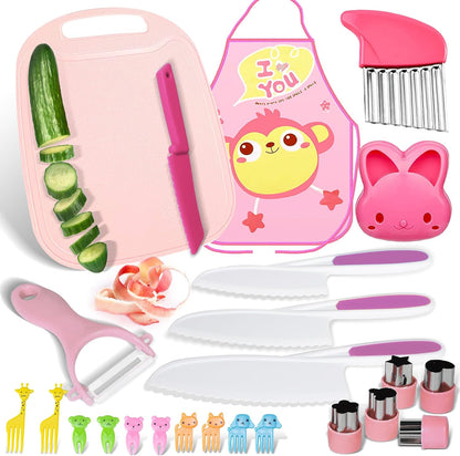 Montessori Kitchen Tools for Toddler, Kids Knife Set with Serrated Edges Plastic Knife and Cutting Board