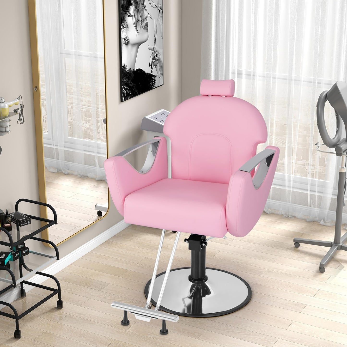 Giantex Reclining Barber Chair - Salon Chair for Hair Stylist, 360 Degrees Swivel, Adjustable Height & Headrest, Heavy Duty Hydraulic Pump, Hair Styling Chair for Makeup Facial Waxing Tattoo (Pink)
