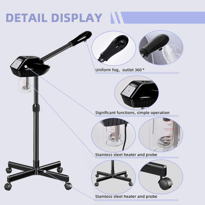 Professional Facial Steamer with More Steam for Deep Cleansing and Hydration, Face Steamer on Wheels with Time Setting, Estheticians Steamer Adjustable Height for Beauty, Spa and Home Use（Black）