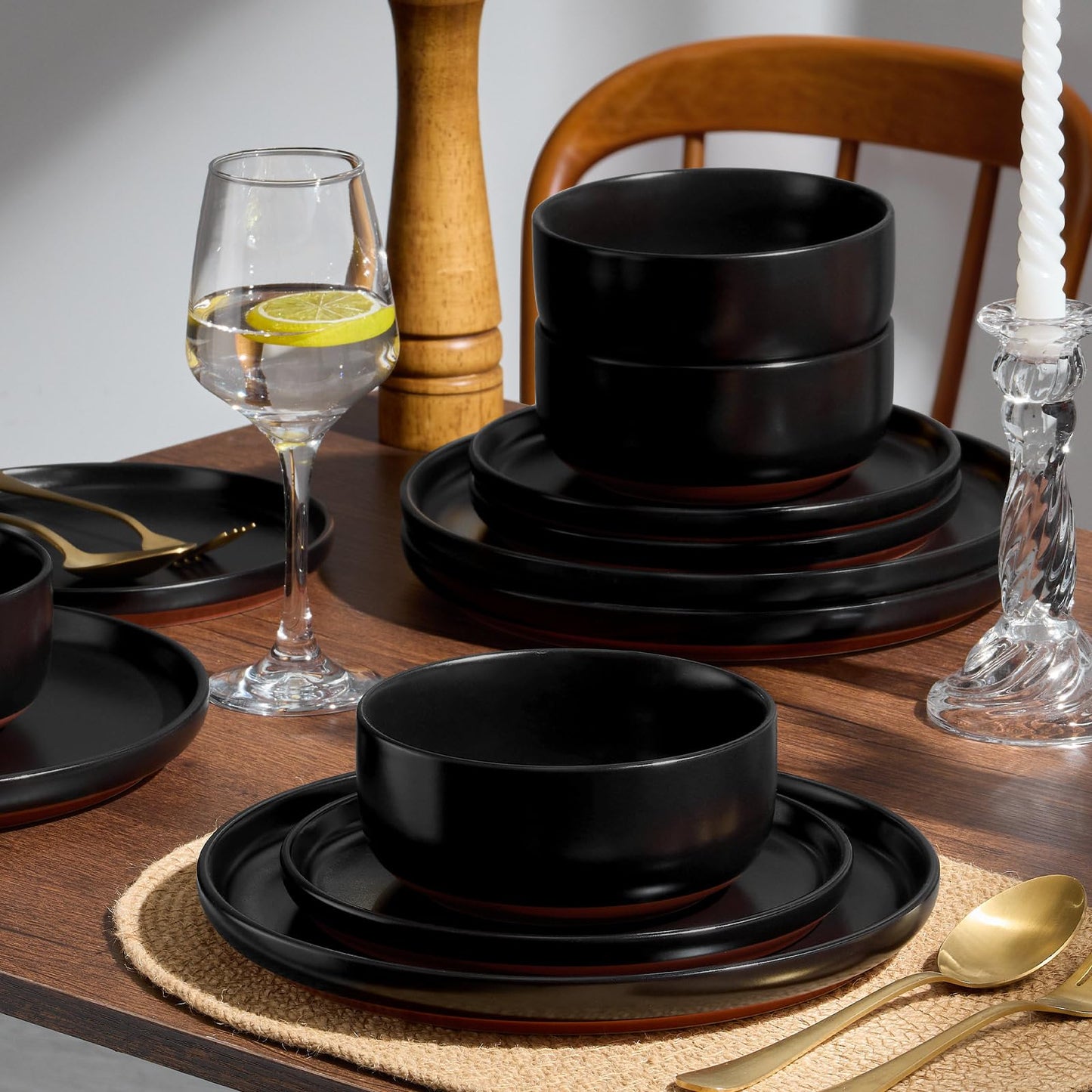E-far 12-Piece Stoneware Plates and Bowls Sets, Dinnerware Sets for 4, Ceramic Dishware Dishes Set with Terracotta Base, Chip & Scratch Resistant, Microwave & Dishwasher Safe, Matte Black