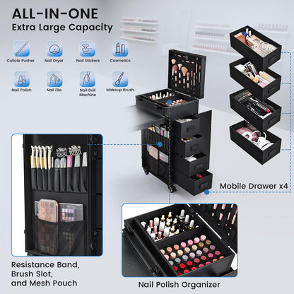 Joligrace Rolling Manicure Table with Pedicure Chair 4 Drawers Rolling Makeup Case Foldable Nail Desk Cosmetology Case on Wheels Brush Pouch Mirror Nail Kits Technician Workstation Artist Trolley
