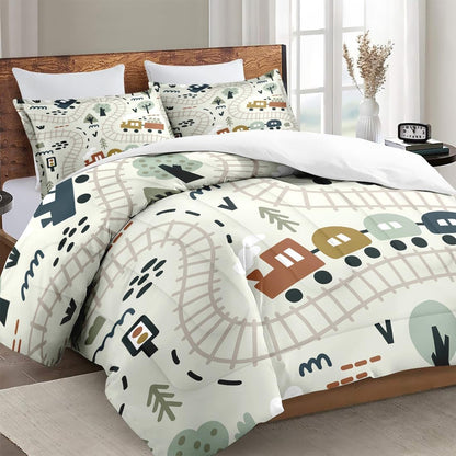 Set Cozy Set Comforter with Pillowcase Twin Size, Cute Forest Car Train City Map, Bedding Decor Funny Nursery Cartoon