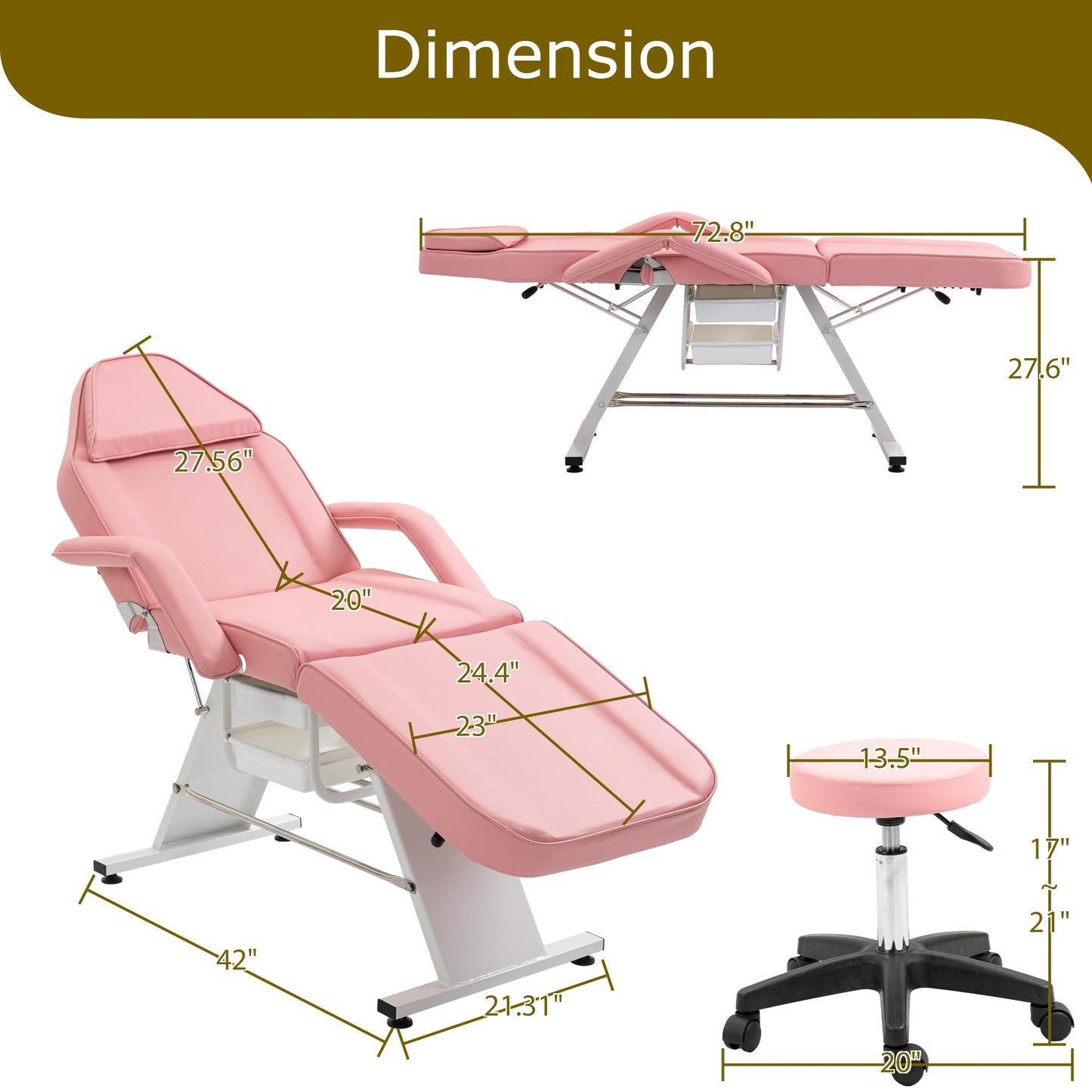KEIKI Massage Salon Tattoo Chair Esthetician Bed with 2 Tray, Hydraulic Stool, Wide Leg Multi-Purpose 3-Section Facial Bed Table with Adjustable Barber Spa Beauty Equipment, Easy Assembly, Pink