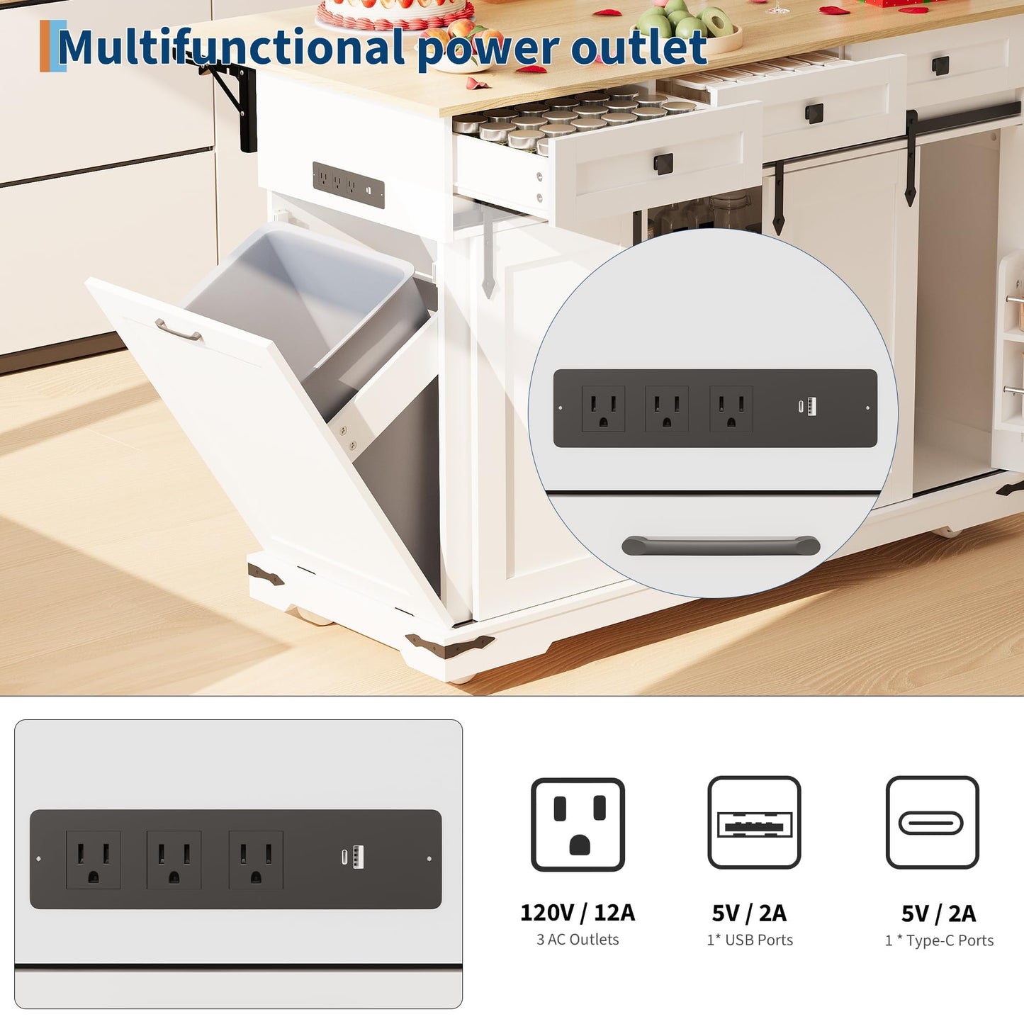 Large Rolling Kitchen Island with Power Outlet, Mobile Kitchen Cart on Wheels with Drop Leaf, 3 Drawers, Trash Can Storage, Spice Rack, Towel Holder, Kitchen Island Table for Dining Room, Home, White