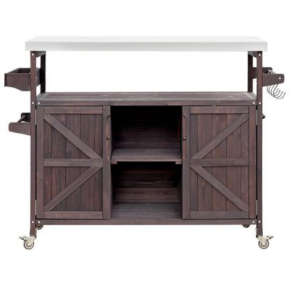 YOPTO Outdoor Kitchen Island Cart with Internal Storage Racks,Solid Wood Outdoor Grill Table W/Stainless Steel Top,4 Secure Locking Wheels,4 Hangers and Bottle Opener for Kitchen & BBQ,Dark Brown