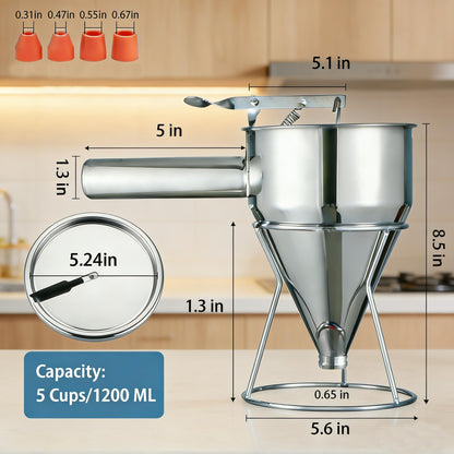 40oz 304 Stainless Steel Pancake Batter Dispenser With Dustproof Lid 4 Interchangeable Nozzles&Detachable Handle Perfect For Parent-Child Baking, Holiday Parties, Cupcakes Waffles。