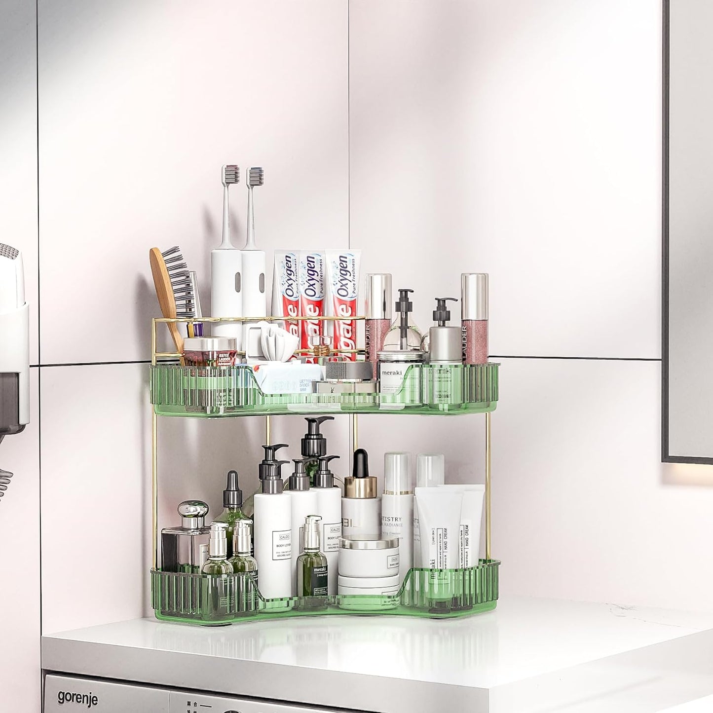 2 Countertop, Tier Corner Bathroom Organizer Vanity Makeup Organizer with Brush Holder, Space-Saving Skincare Storage